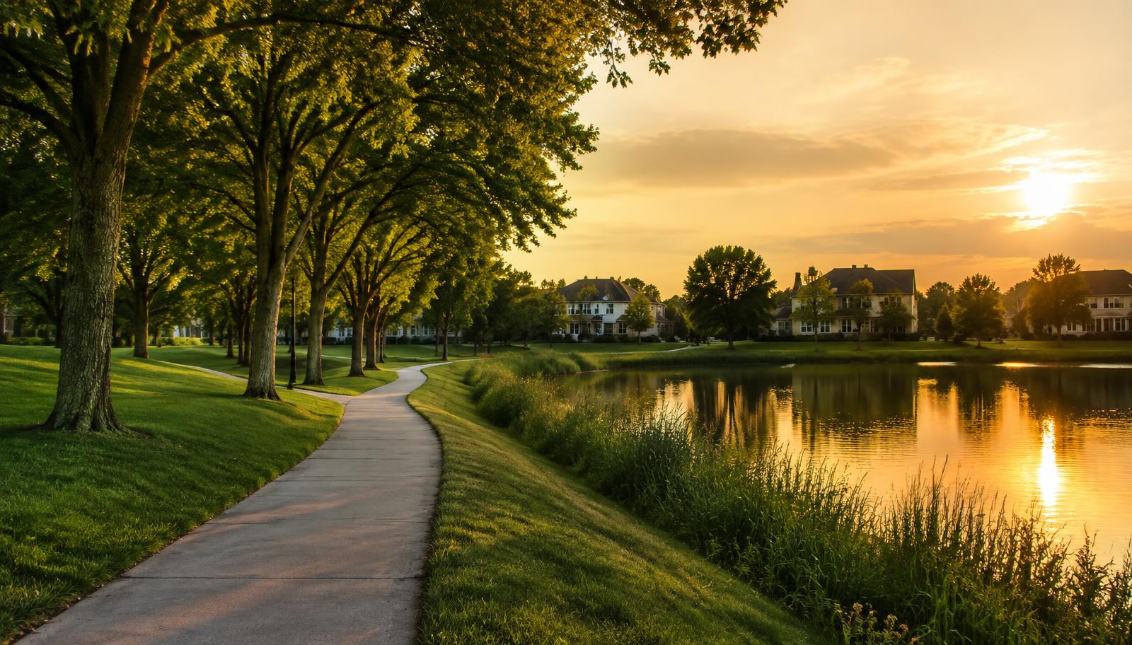 A tree-lined walking path beside a pond at golden hour